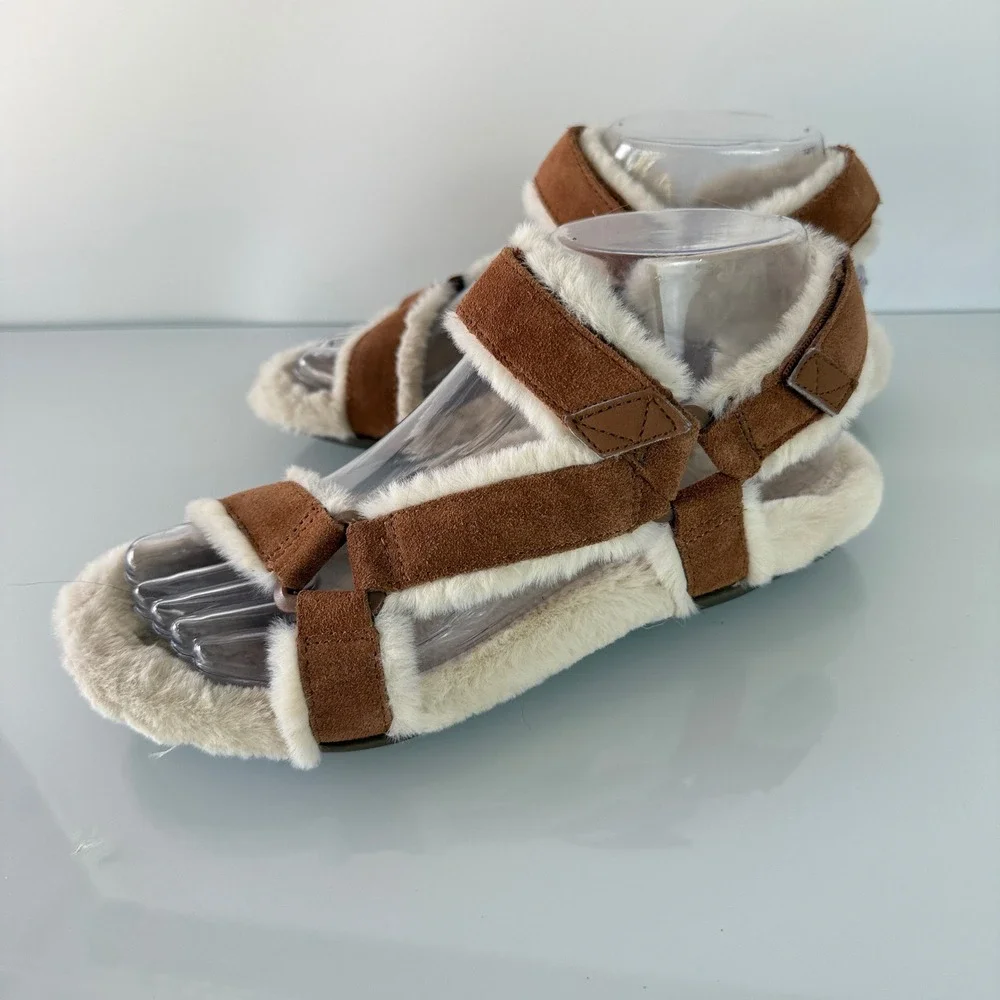 Vionic Viva Sandals Womens 6 Toffee Brown Suede Faux‎ Fur Strappy Orthotic 11298